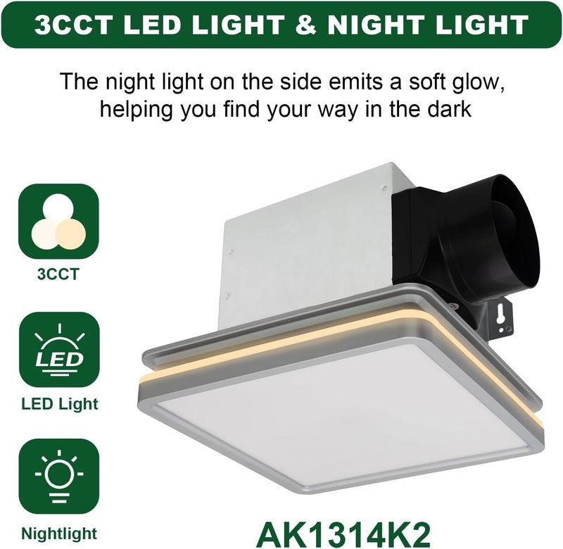 Akicon Bathroom Exhaust Fan with Shower Light, 15W Dimmable 3CCT LED with 3.5W Night Light Vent Fans, 80 CFM, 2 Sones Bath Fan Light Combo for Bathroom and Home, Square, Silver - Image 4